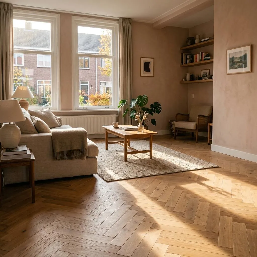 Woonkamer met lichte eikenhouten visgraatvloer in warm middaglicht, met de rand van een linnen bank en een wollen kleed